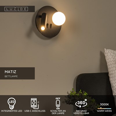 Lucide MATIZ - Bettlampe / Wandleuchte - Ø 16,5 cm - LED - 3000K - Mit USB-Ladepunkt - Schwarz